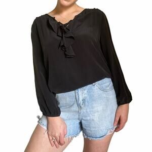 Joie Black Ruffle V-Neck Silk Long Sleeve Blouse M